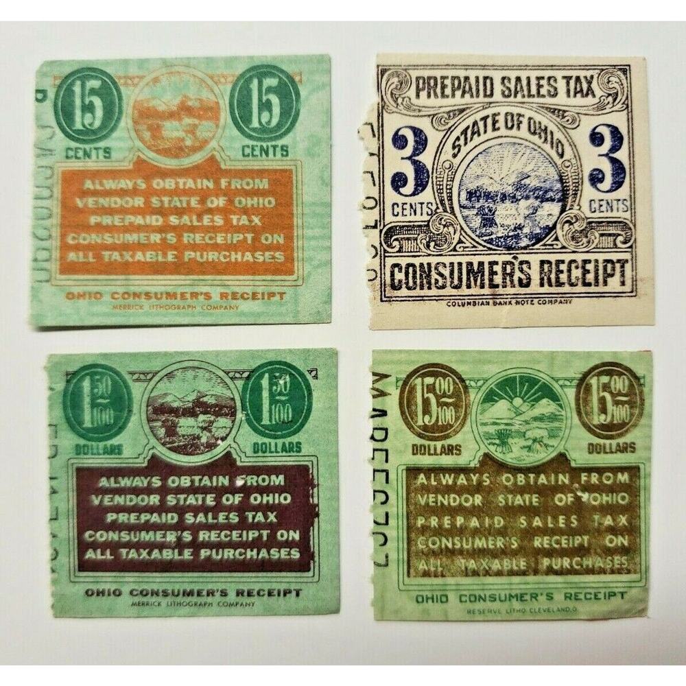 Ohio Consumer's Receipt Prepaid Sales Tax Revenue Stamps Lot of‎ 4 Stamps PB18